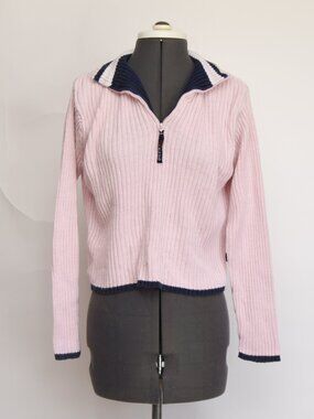 VTG Y2K Mudd Ribbed Knit Half Zip Sweater Pink Navy Striped Trim Womens Size L